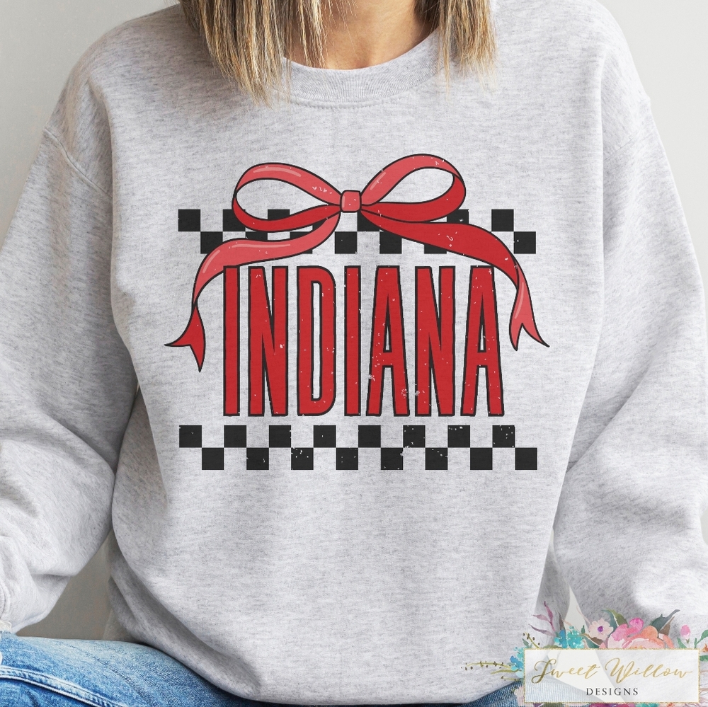 Indiana Checkered Bow Graphic Crewneck Sweatshirt NEW
